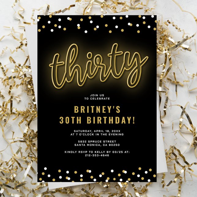 Convite de Aniversário Trinta Neon Dourado (Criador carregado)