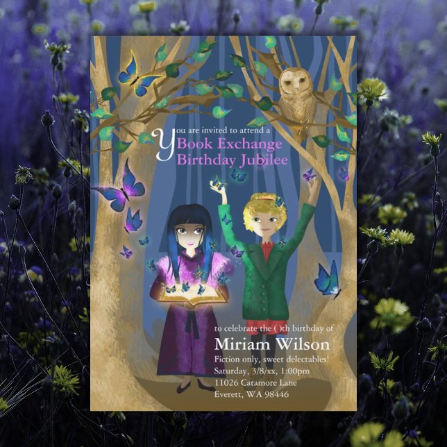 Convite de Aniversário Troca de Livros Coruja & Bo (purple blue book exchange book swap birthday party unique birthday invitation for girl)