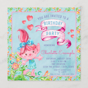 Convite de Aniversário Troll com Aquarela Fofa