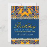 Convite de Aniversário Tropical Batik Orange Blue