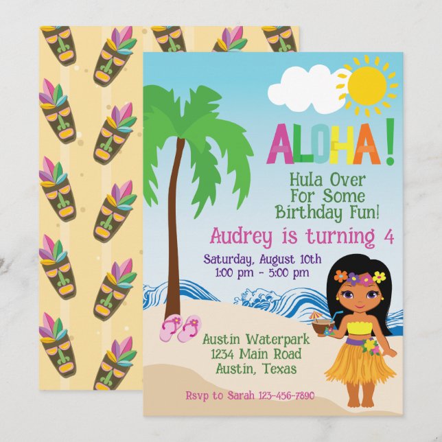 Convite de Aniversário Tropical Beach Aloha Luau (Frente/Verso)