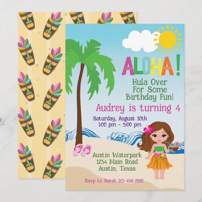 Convite de aniversário Tropical Beach Aloha Luau (Frente/Verso)