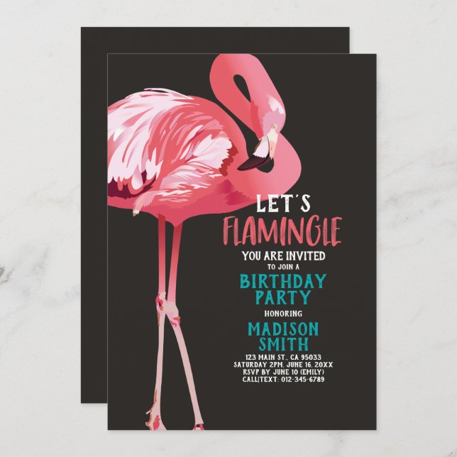 Convite de aniversário Tropical Flamingo (Frente/Verso)