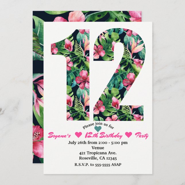 Convite de aniversário Tropical Floral 12 (Frente/Verso)