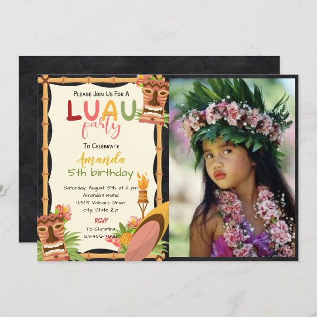 Convite De Aniversário Tropical Luau Mask Com Foto (Frente/Verso)