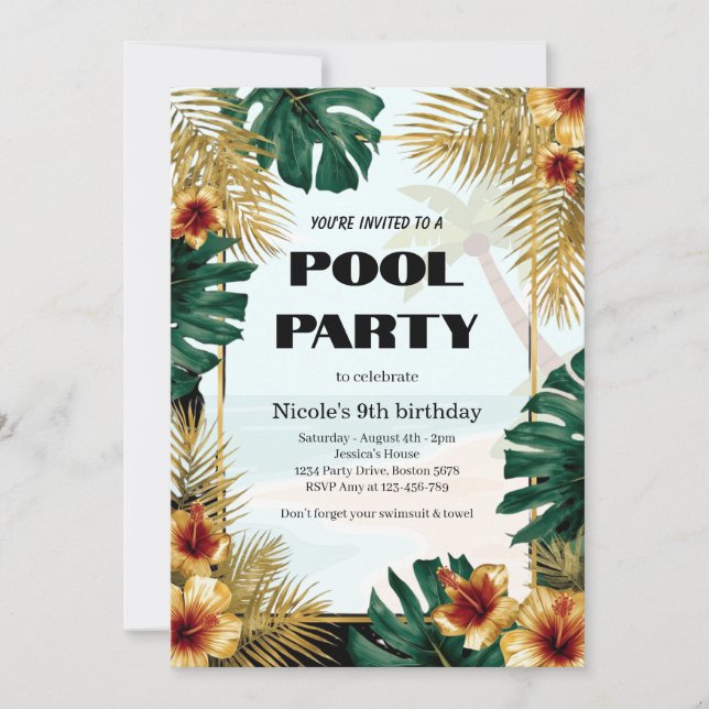 Convite de Aniversário Tropical na Piscina para Ni (Frente)