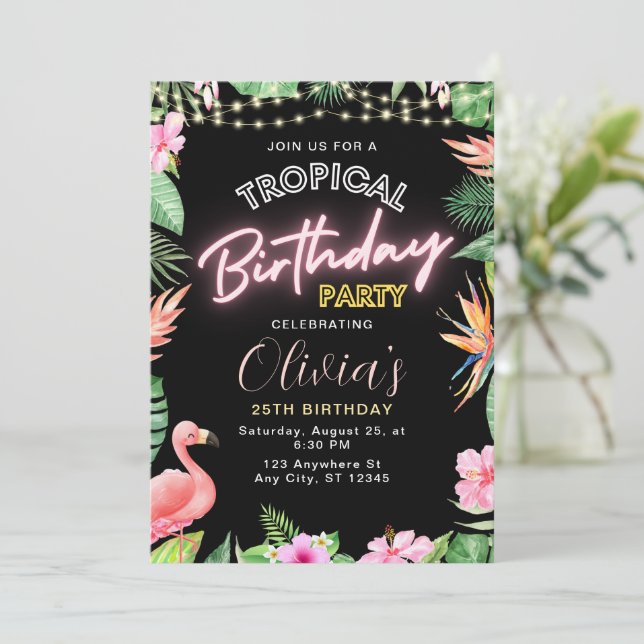 Convite de Aniversário Tropical, Neon Aniversário  (Em pé/Frente)
