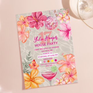Convite de Aniversário Tropical Rosa Bola de Disco