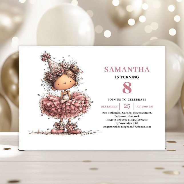 Convite de Aniversário Tutu Menina Travessa Rosa P (Whimsy Girl Tutu Birthday Invitation Dusty Pink)