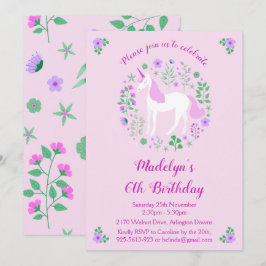 Convite de aniversário Unicorn Rosa