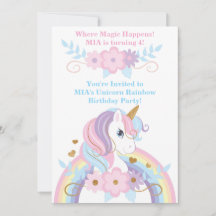 Convite de Aniversário Unicórnio Arco-Íris Menina 