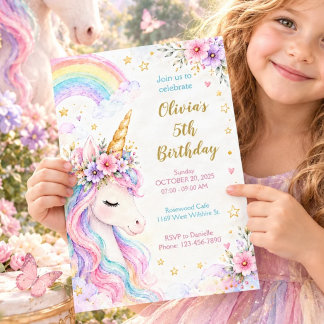 Convite de Aniversário Unicórnio Arco-íris Pastel