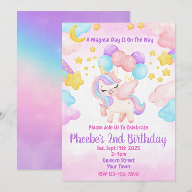 Convite de Aniversário Unicórnio Pastel Arco-íris (Frente/Verso)