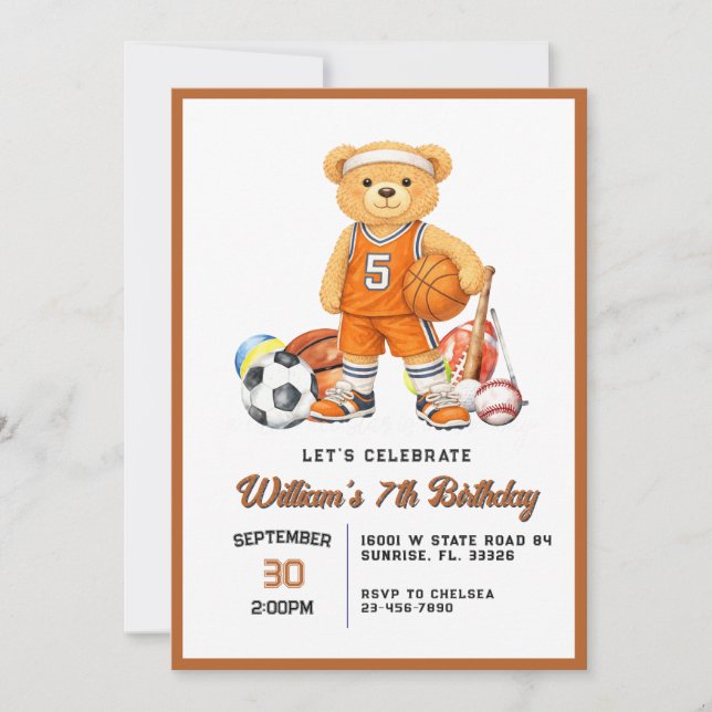 Convite de Aniversário Urso de Esportes para Crian (Frente)