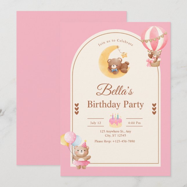 Convite de Aniversário Urso de Pelúcia Rosa, Anive (Frente/Verso)