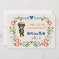 Convite de Aniversário Urso Fofo & Coroa de Flores