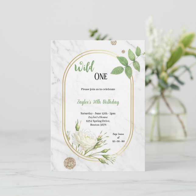 Convite de aniversário verde-adulto e branco (Em pé/Frente)