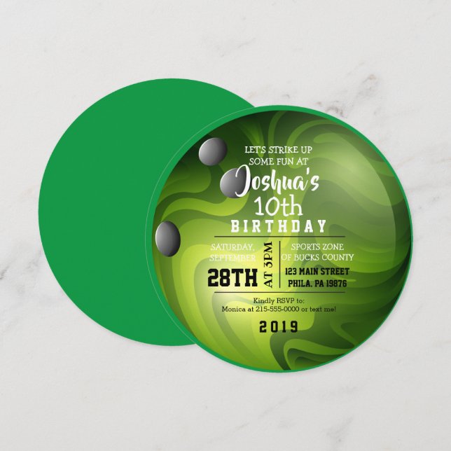Convite de aniversário verde bola de boliche (Frente/Verso)