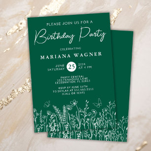 Convite de aniversário Verde de Flores Selvagens