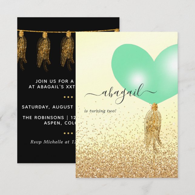 Convite de aniversário verde e Dourado e rosa (Frente/Verso)