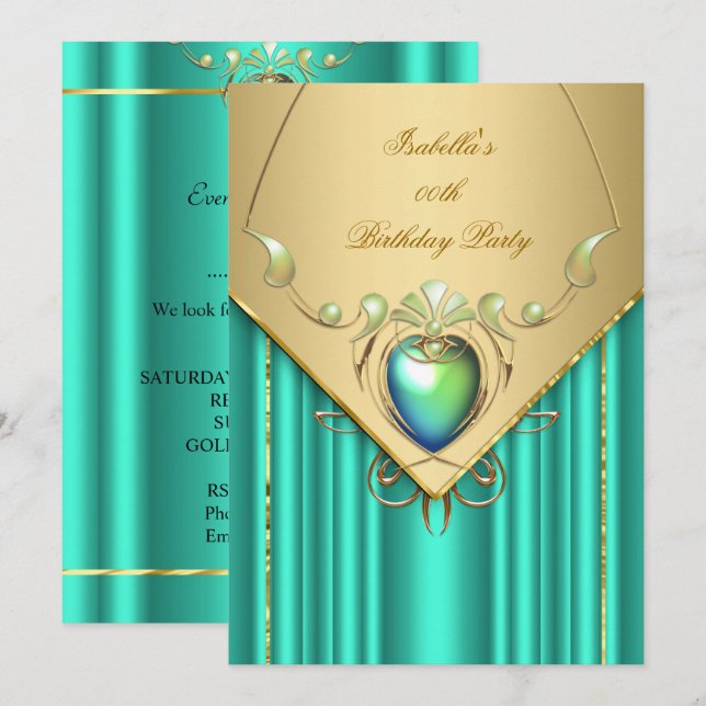 Convite de Aniversário Verde Jade Esmeralda Dourad (Frente/Verso)