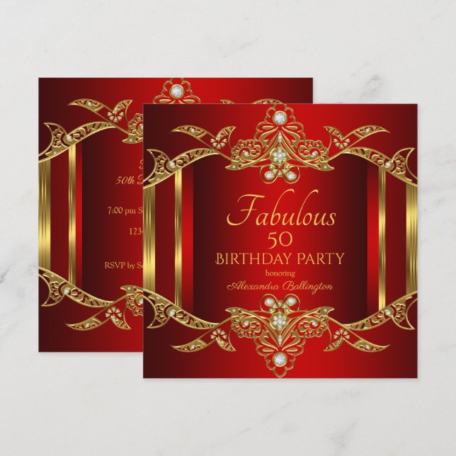Convite de Aniversário Vermelho Regal Elegante em  (Frente/Verso)