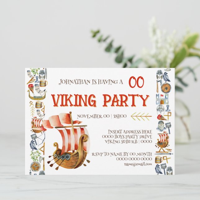 Convite de Aniversário Viking Meninos 1–7 Navio Ga (Em pé/Frente)