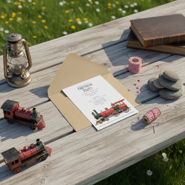 Convite de aniversário Vintage Red Steam Train (Vintage Red Steam Train Birthday Party Invitation)