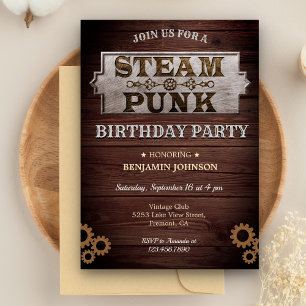 Convite de Aniversário Vintage Rústico Steampunk