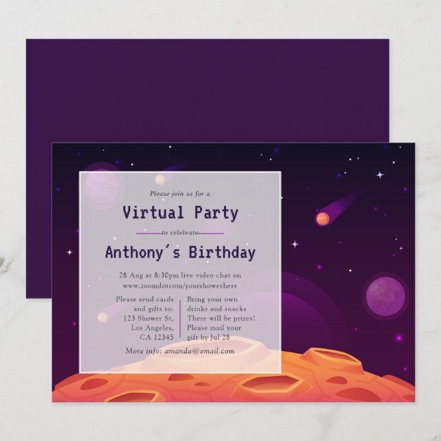 Convite de Aniversário Virtual Espacial (Frente/Verso)
