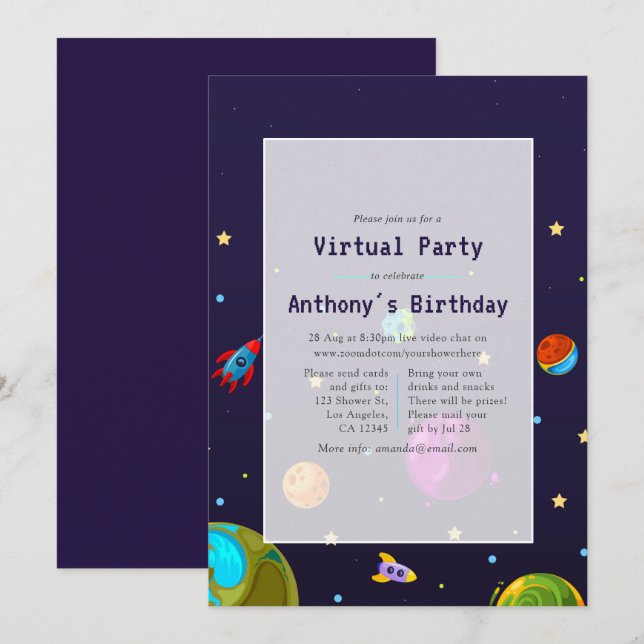 Convite de Aniversário Virtual Espacial (Frente/Verso)