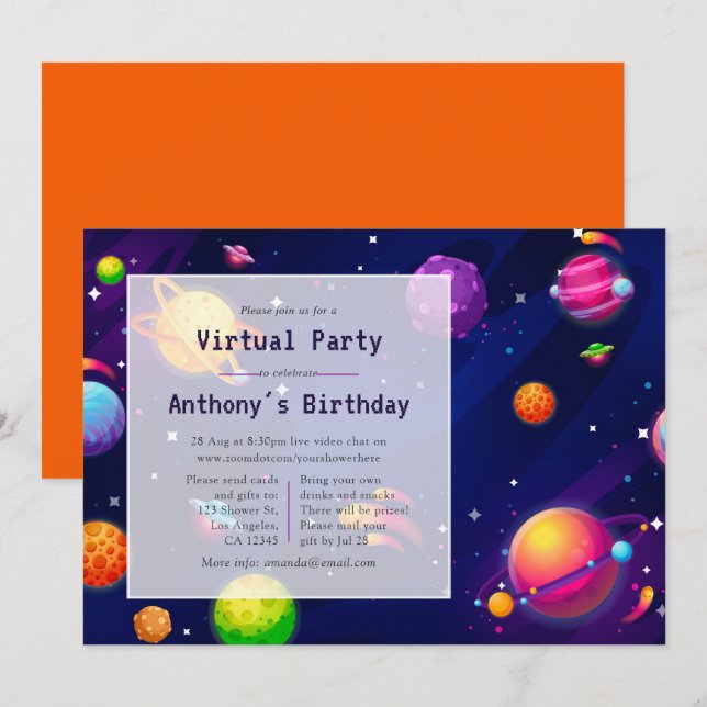 Convite de Aniversário Virtual Espacial (Frente/Verso)