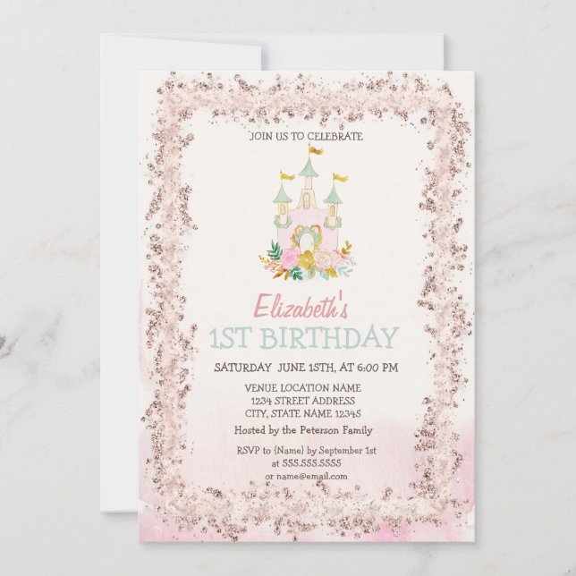 Convite de Aniversário Watercolor Castle Glitter F (Frente)
