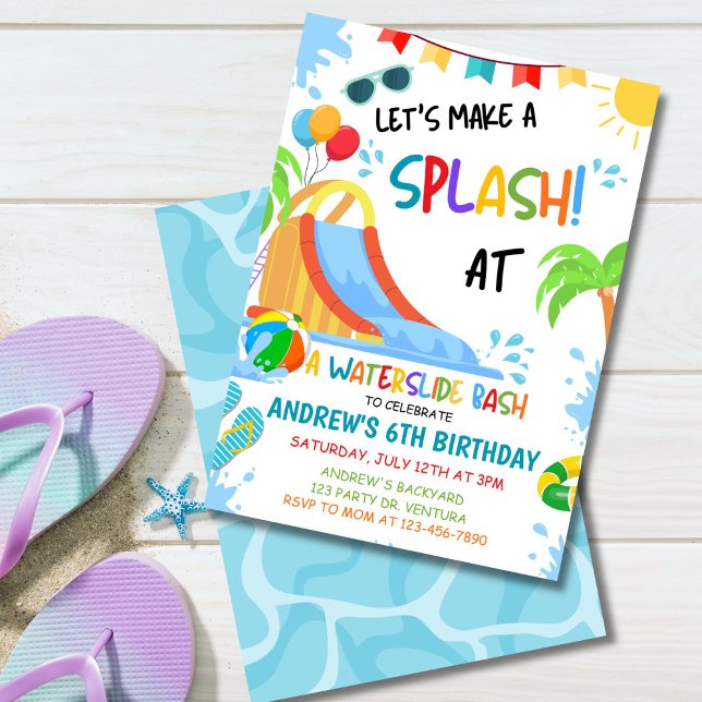 Convite de Aniversário Waterslide Bash, Festa na P (Colorful waterslide birthday invitation with tropical summer pool party vibes for kids.)