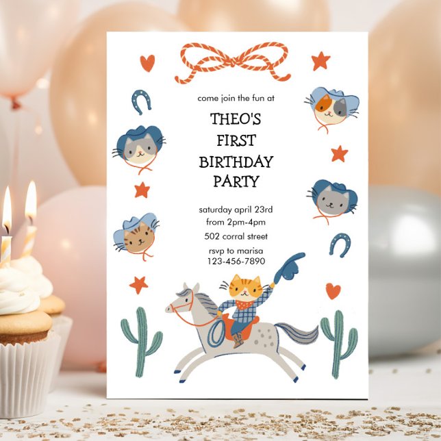 Convite de Aniversário Western Cowboy Kitties (Criador carregado)
