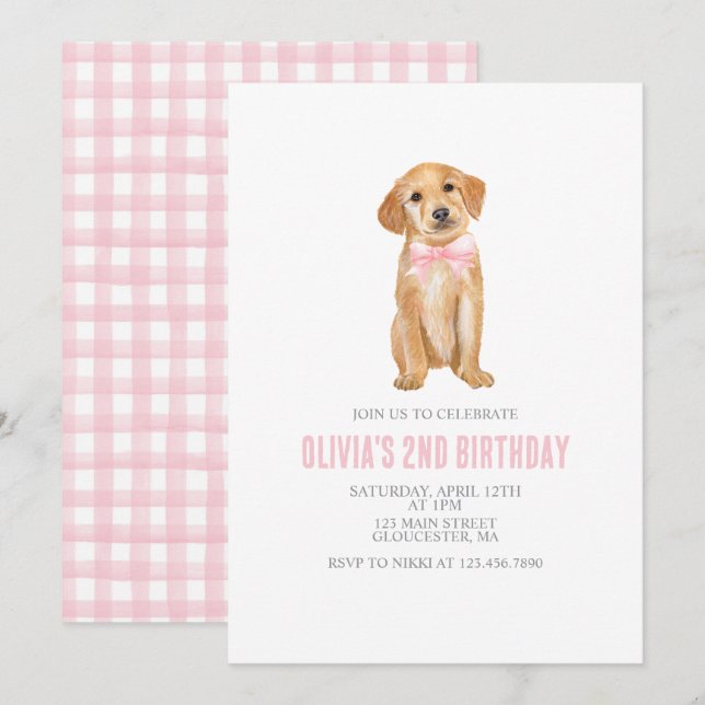 Convite de aniversário xadrez préppy de cachorrinh (Frente/Verso)