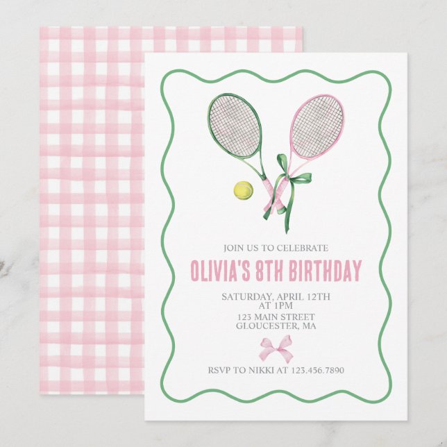 Convite de aniversário xadrez preppy de tênis (Frente/Verso)