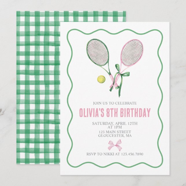 Convite de aniversário xadrez preppy de tênis (Frente/Verso)