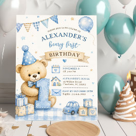 Convite de Aniversário Xadrez Urso Teddy Laço Azul