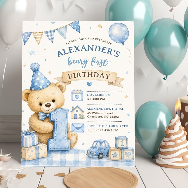 Convite de Aniversário Xadrez Urso Teddy Laço Azul (Criador carregado)