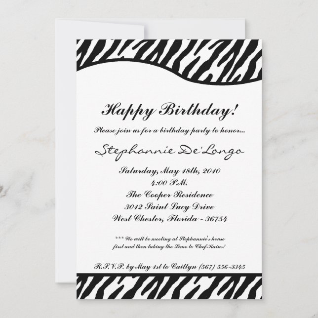 convite de aniversário Zebra branco e preto 5x7 (Frente)