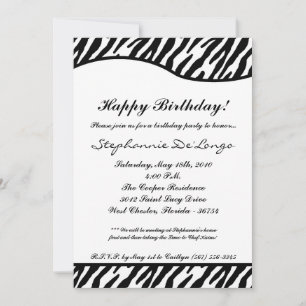 convite de aniversário Zebra branco e preto 5x7
