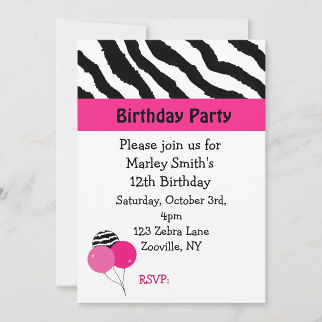 Convite de Aniversário Zebra Preto e Rosa (Frente)