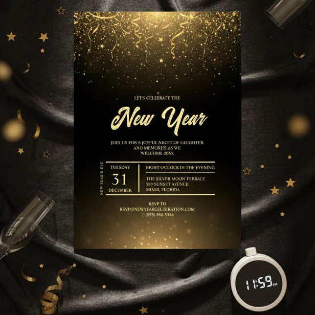 Convite de Ano Novo Black Gold Sparkle (Black Gold Sparkle New Year Party Invitation)