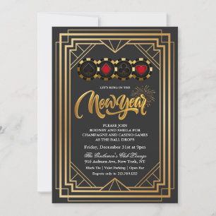 Convite de Ano Novo Casino Vegas Preto e Dourado