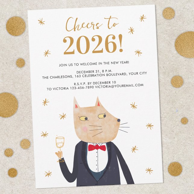 Convite de Ano Novo com Gato em Smoking (Fun Cat in a Suit Cheers to 2026 New Year's Eve party invitation)