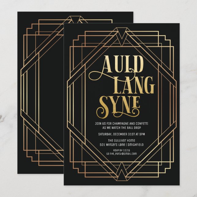 Convite de Ano Novo em estilo Art Deco (Frente/Verso)