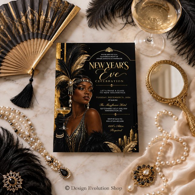 Convite de Ano Novo Glamouroso Art Déco para Festa (Criador carregado)