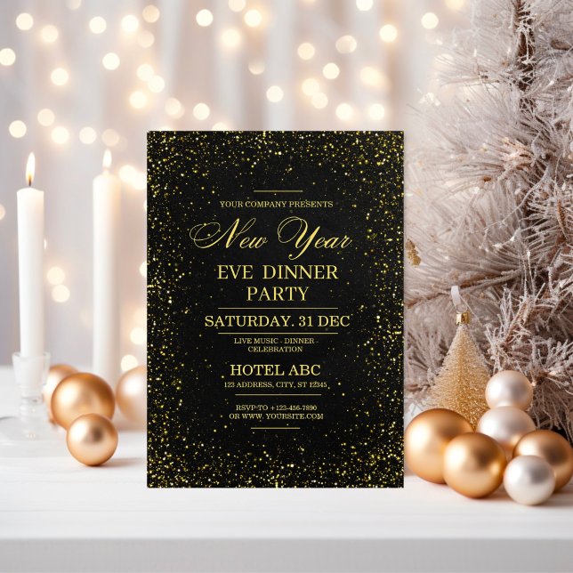 Convite de Ano Novo Moderno Preto (Modern Black New Year’s Eve Party Invitation)