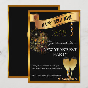 Convite de Ano Novo Preto e Dourado